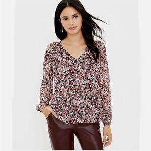 LOFT Burgundy Pink Floral V-Neck Peplum Blouse - Size L